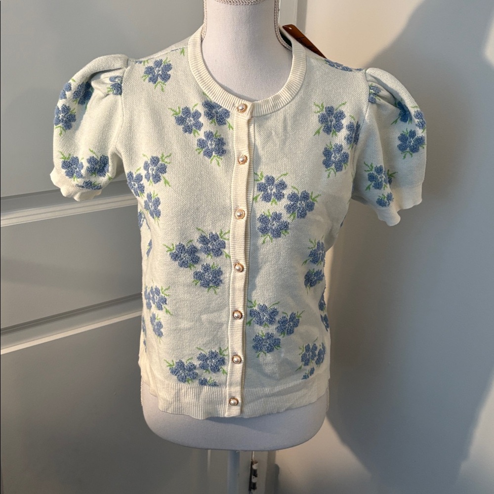 Belldini Cream and Blue Floral Cardigan